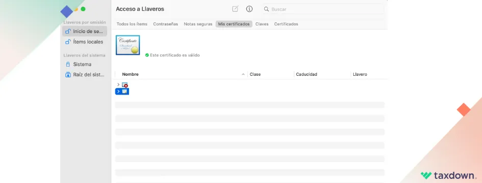 Visualización de certificados digitales en un gestor de llaveros en macOS