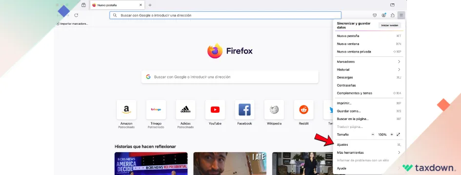 Página de inicio de Firefox con el menú de ajustes abierto