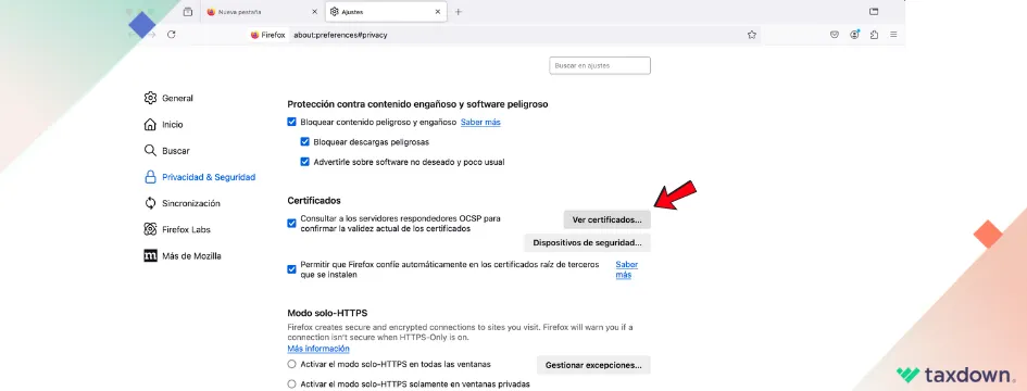 Configuración de certificados en Firefox dentro de la sección de privacidad y seguridad