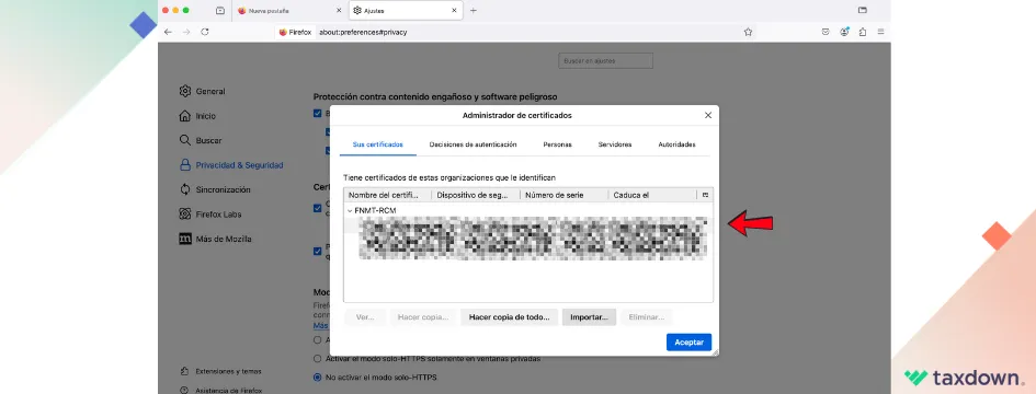 Administrador de certificados en Firefox mostrando certificados instalados