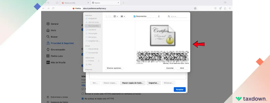 Importación de un certificado digital desde una carpeta en Firefox