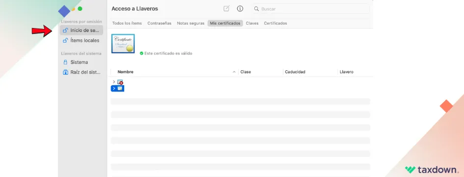 Gestión de certificados digitales en macOS, con el panel de "Mis certificados" seleccionado