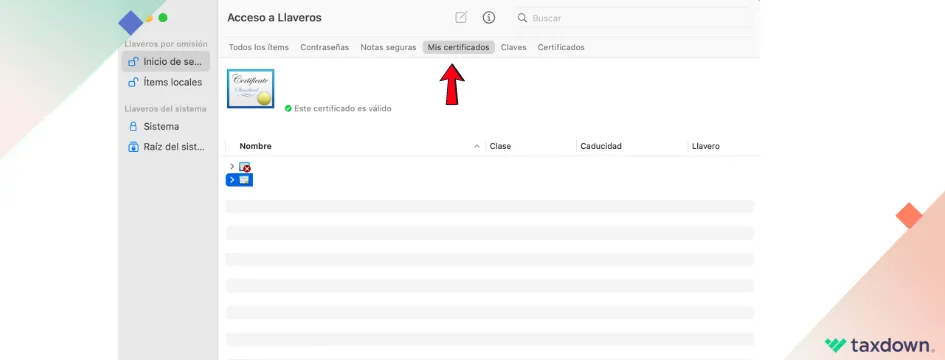 Vista de los llaveros en macOS, con la opción de "Inicio de sesión" seleccionada para mostrar certificados